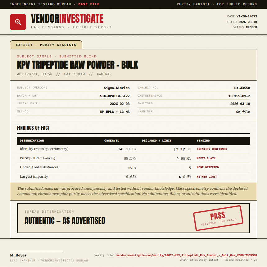 KPV Tripeptide Raw Powder - Bulk Purity (HPLC) report by VendorInvestigate