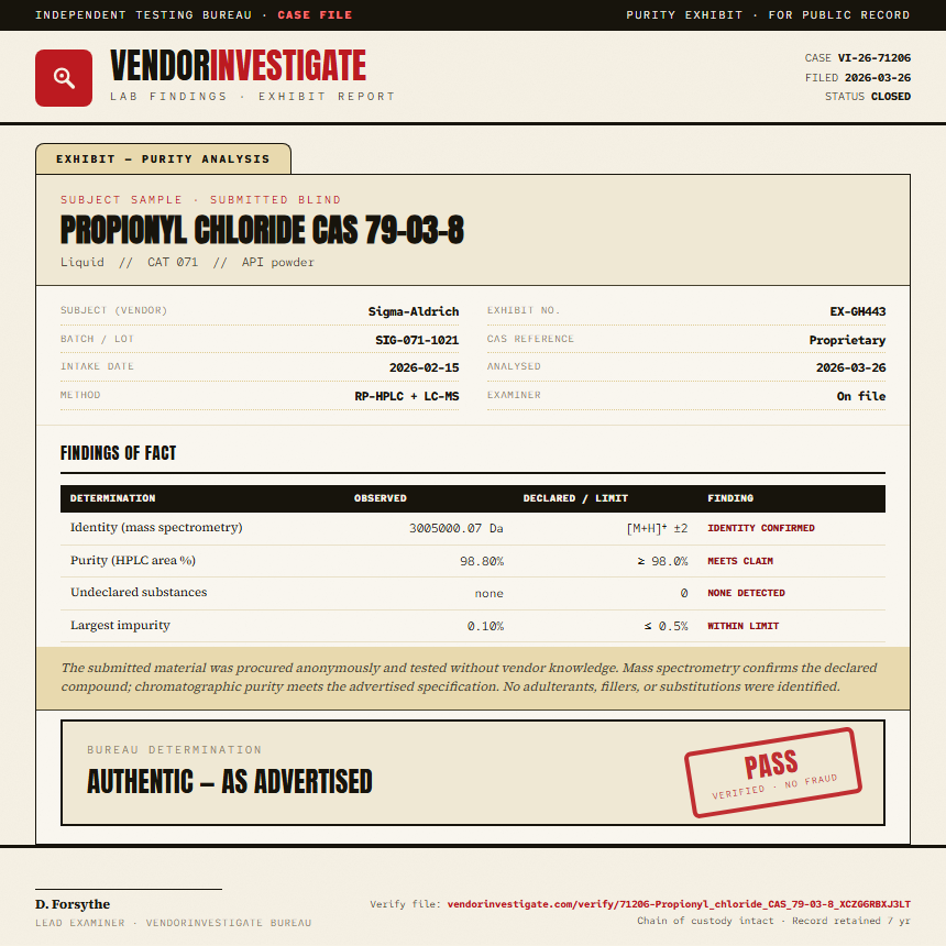 Propionyl chloride CAS 79-03-8 Purity (HPLC) report by VendorInvestigate