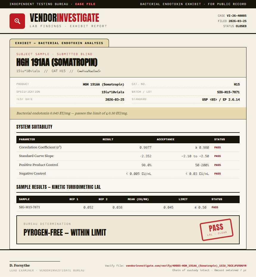 HGH 191AA (Somatropin) Endotoxin report by VendorInvestigate