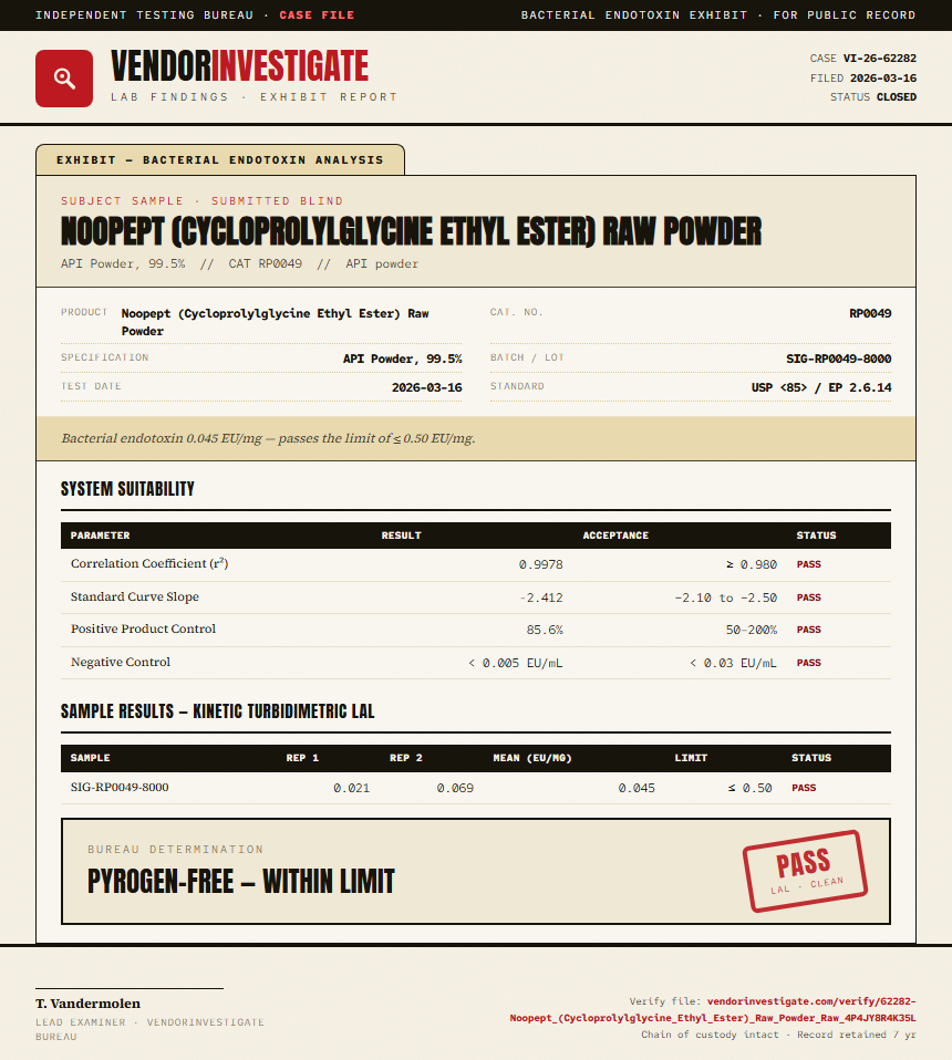 Noopept (Cycloprolylglycine Ethyl Ester) Raw Powder Endotoxin report by VendorInvestigate
